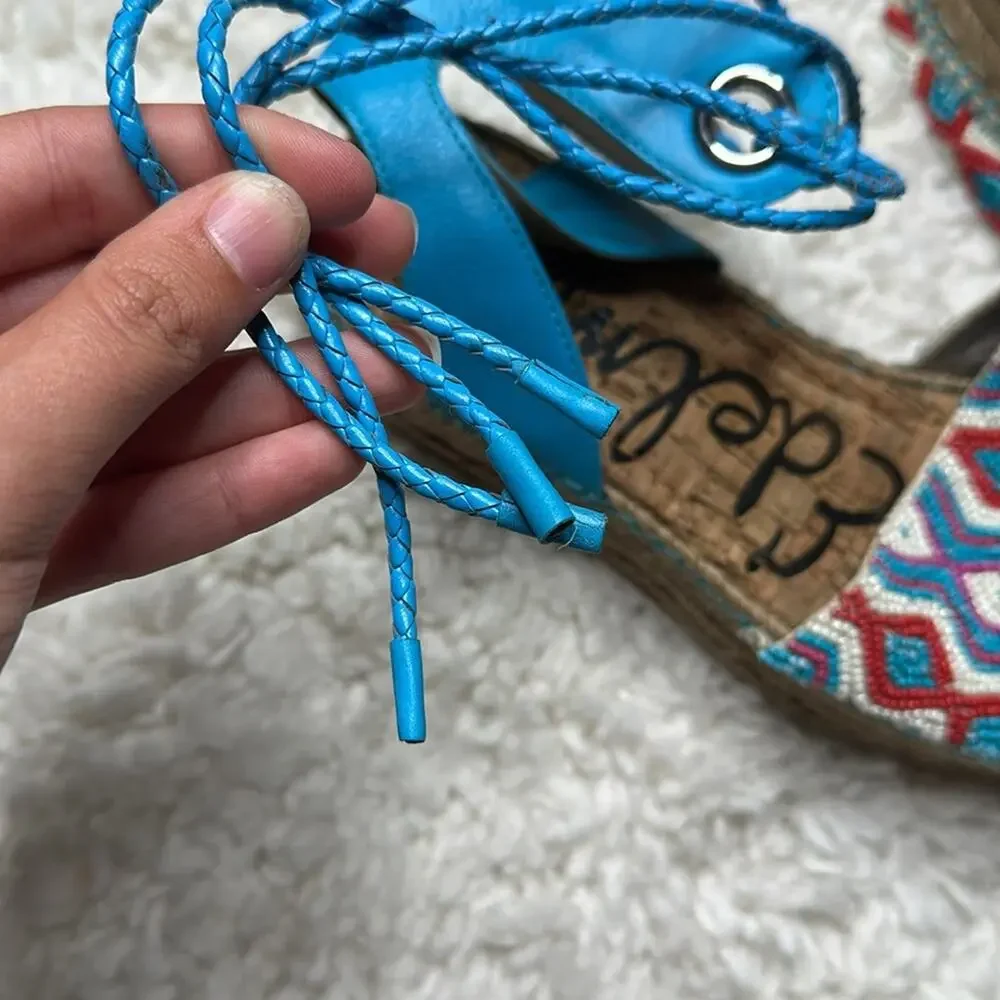 Sam Edelman Colorful Patterned Beaded Women Sandals Lace Up Espadrille Platform